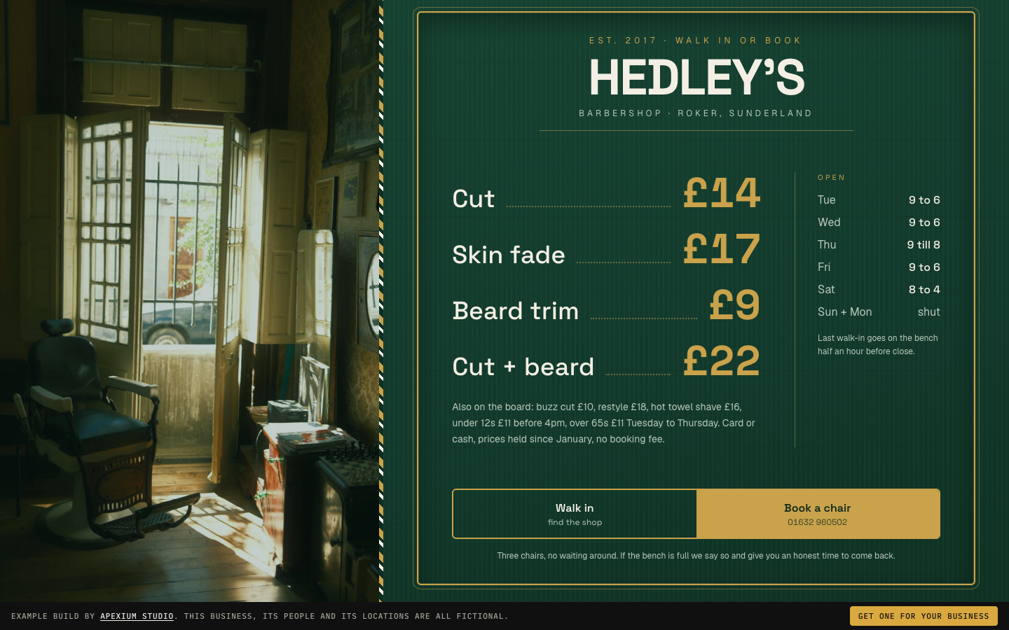 Screenshot of the Hedley's Barbershop website