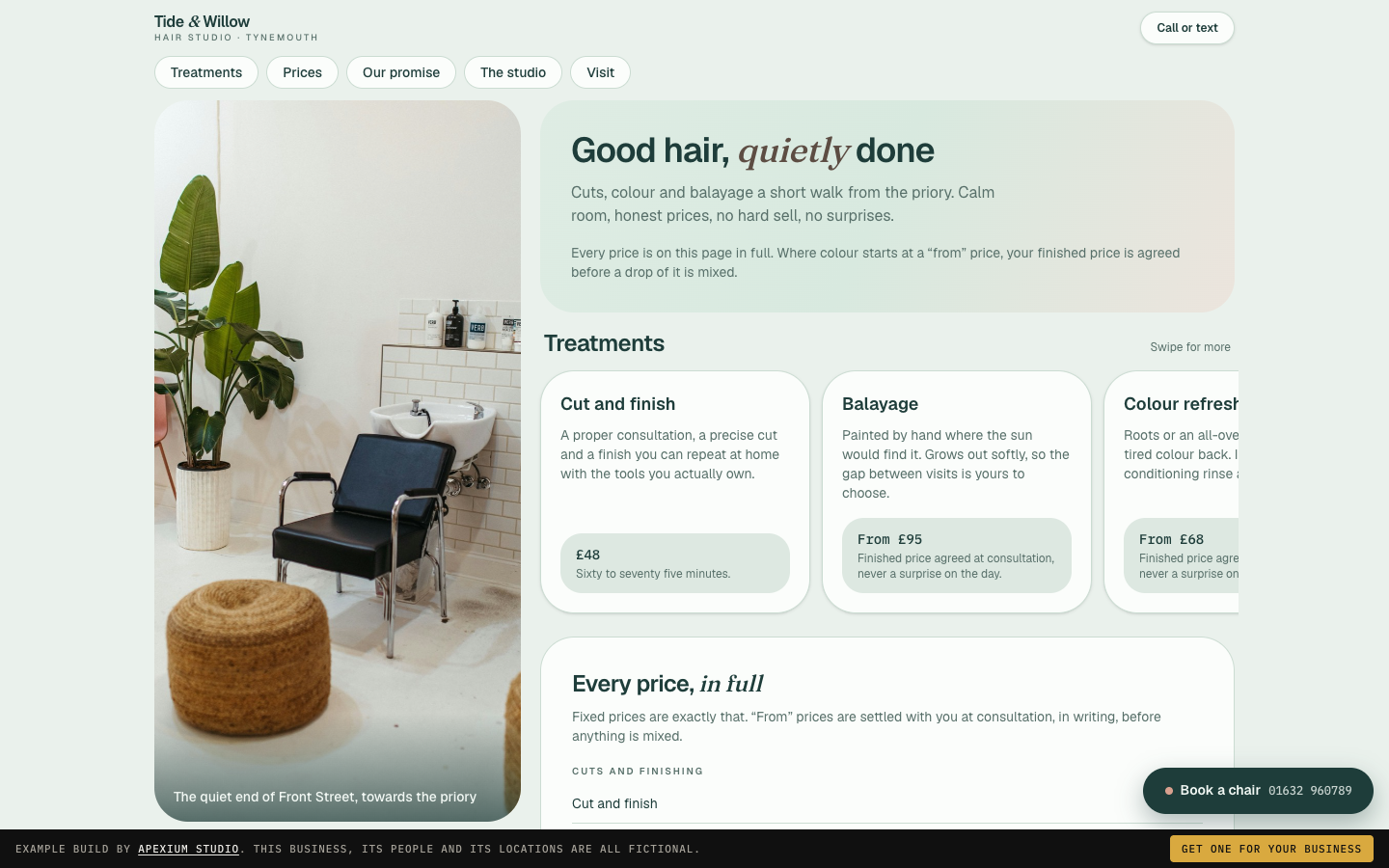 Screenshot of the Tide & Willow Hair Studio website